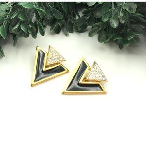 Vintage clip on earrings gold tone black enamel triangle shape clear rhinestones